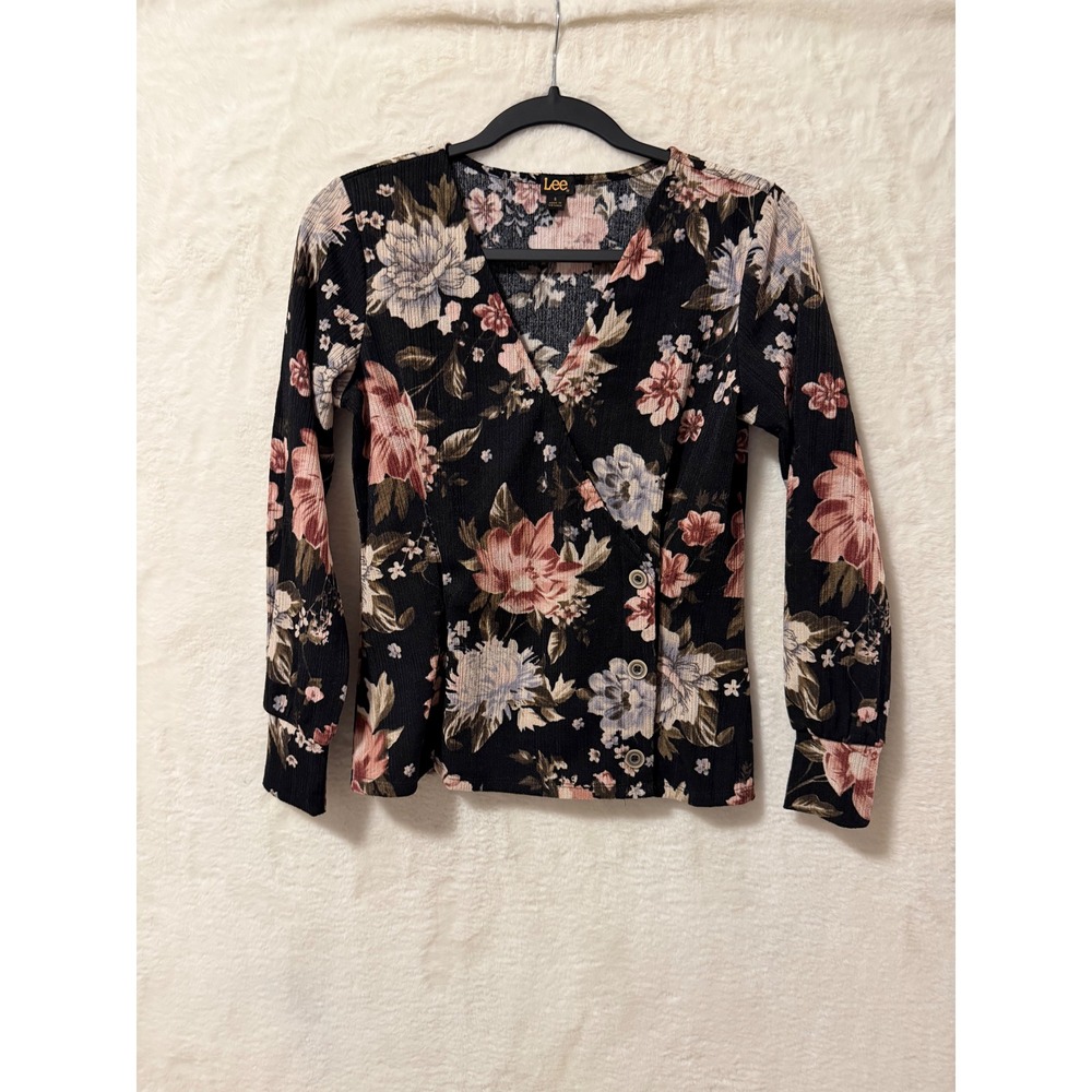 Lee Floral Wrap Top Womens Small Black Long Sleeve V-Neck Ribbed Blouse